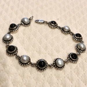 VINTAGE Onyx Mother of Pearl Sterling Silver Bracelet
